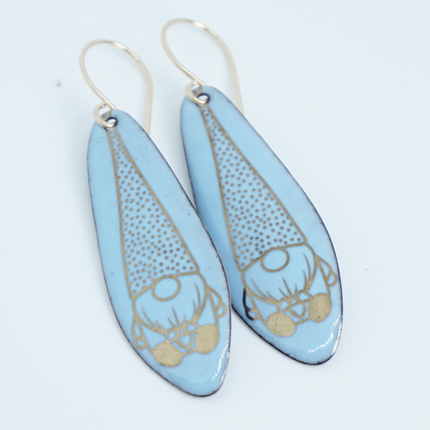 Gold Gnomes on Pale Blue Enamel Teardrop Earrings