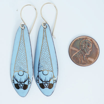 Gold Gnomes on Pale Blue Enamel Teardrop Earrings