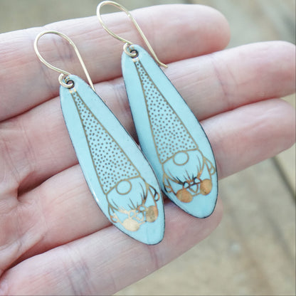 Gold Gnomes on Pale Blue Enamel Teardrop Earrings