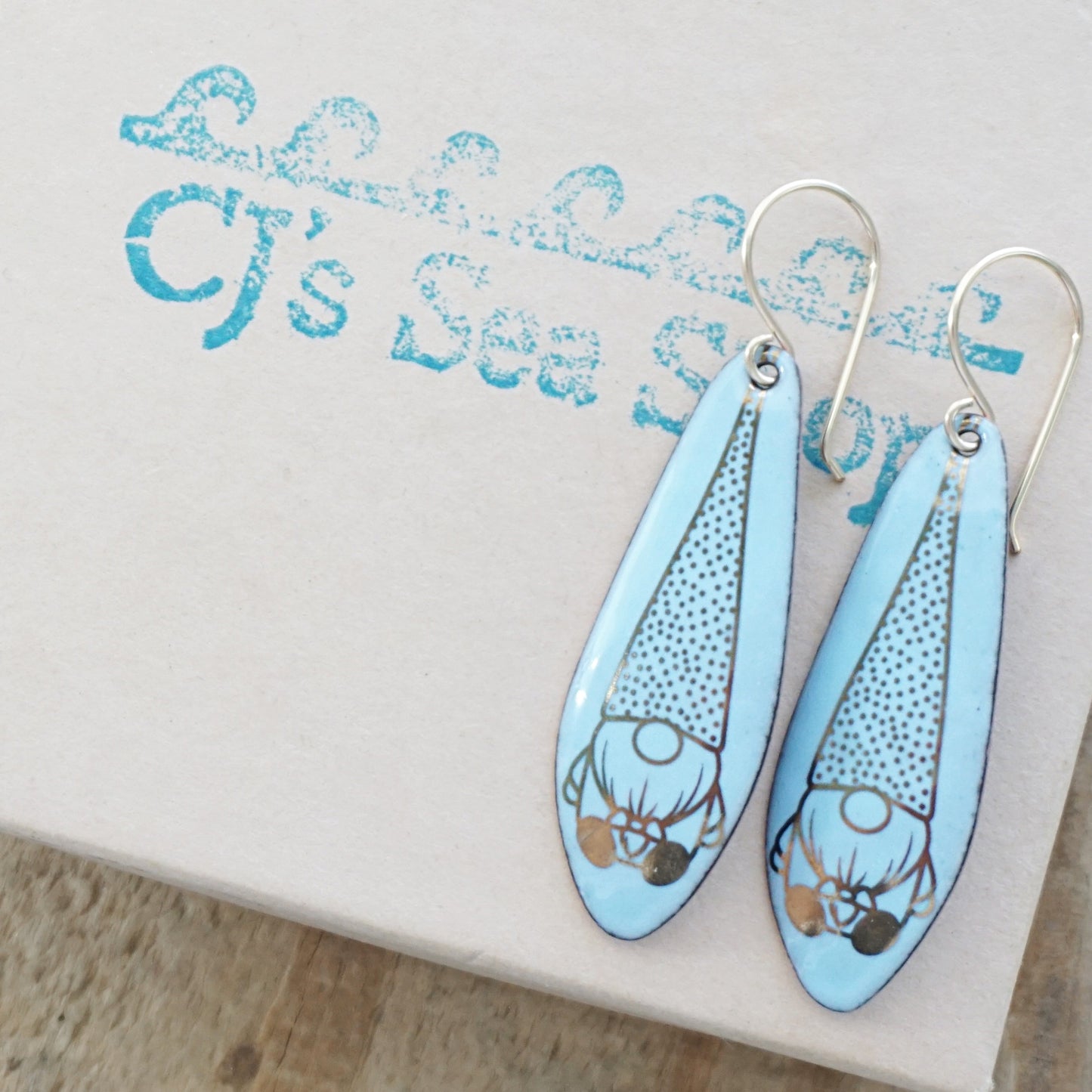 Gold Gnomes on Pale Blue Enamel Teardrop Earrings