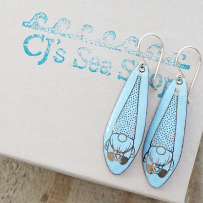 Gold Gnomes on Pale Blue Enamel Teardrop Earrings