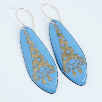 Gold Gnomes on Blue Enamel Teardrop Earrings