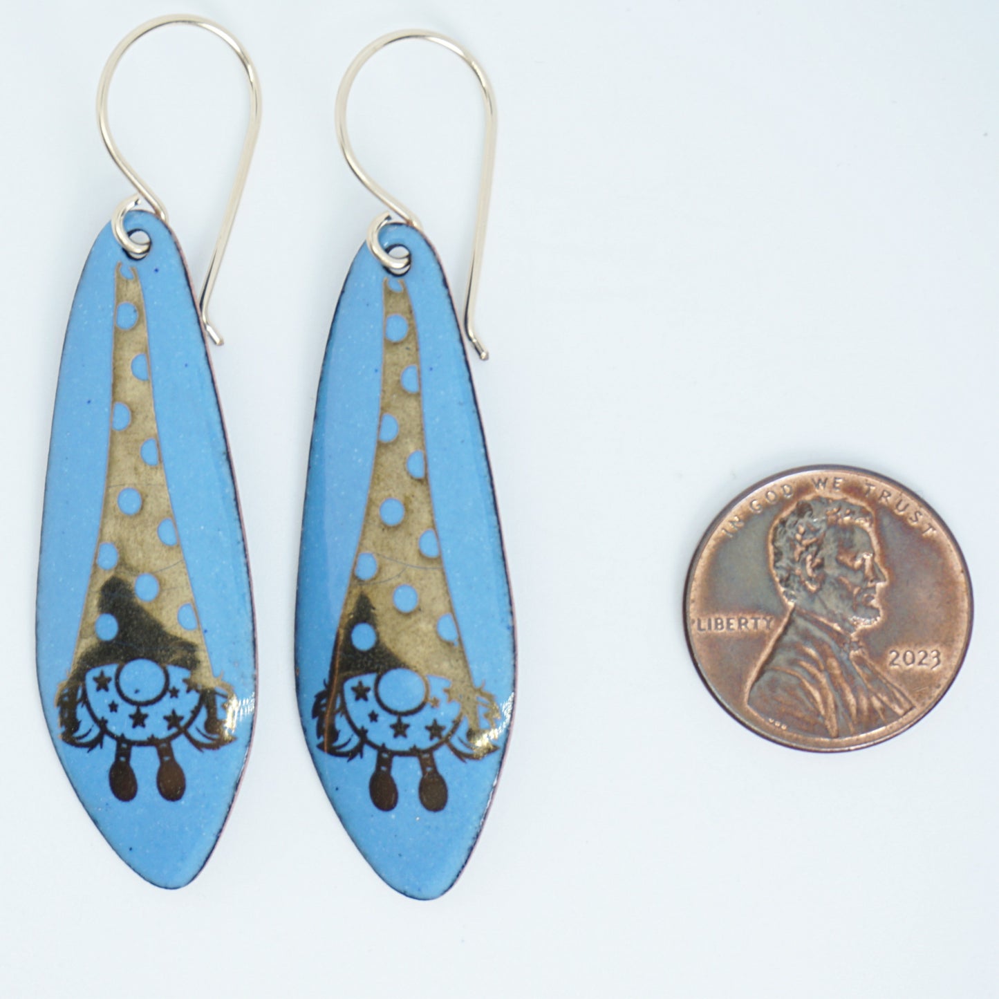 Gold Gnomes on Blue Enamel Teardrop Earrings