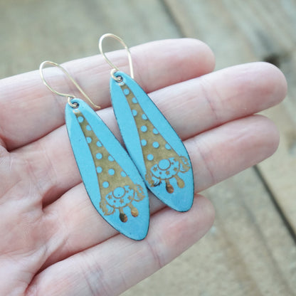 Gold Gnomes on Blue Enamel Teardrop Earrings