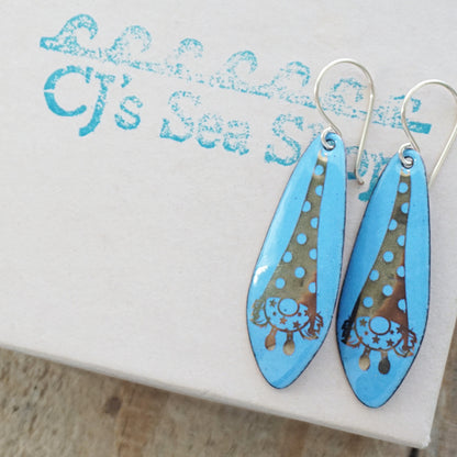 Gold Gnomes on Blue Enamel Teardrop Earrings