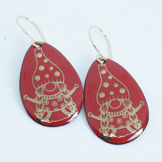 Gold Gnomes on Red Enamel Teardrop Earrings