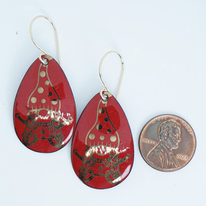 Gold Gnomes on Red Enamel Teardrop Earrings