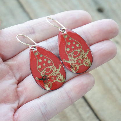 Gold Gnomes on Red Enamel Teardrop Earrings