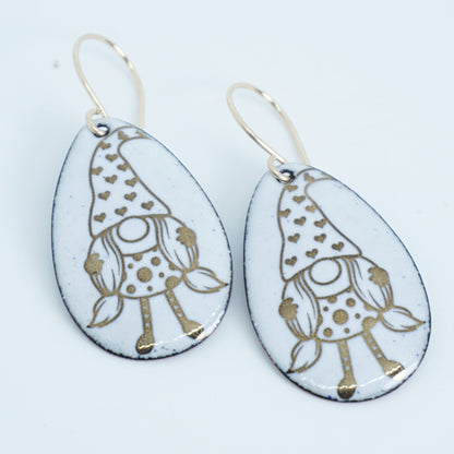 Gold Gnomes on White Enamel Teardrop Earrings