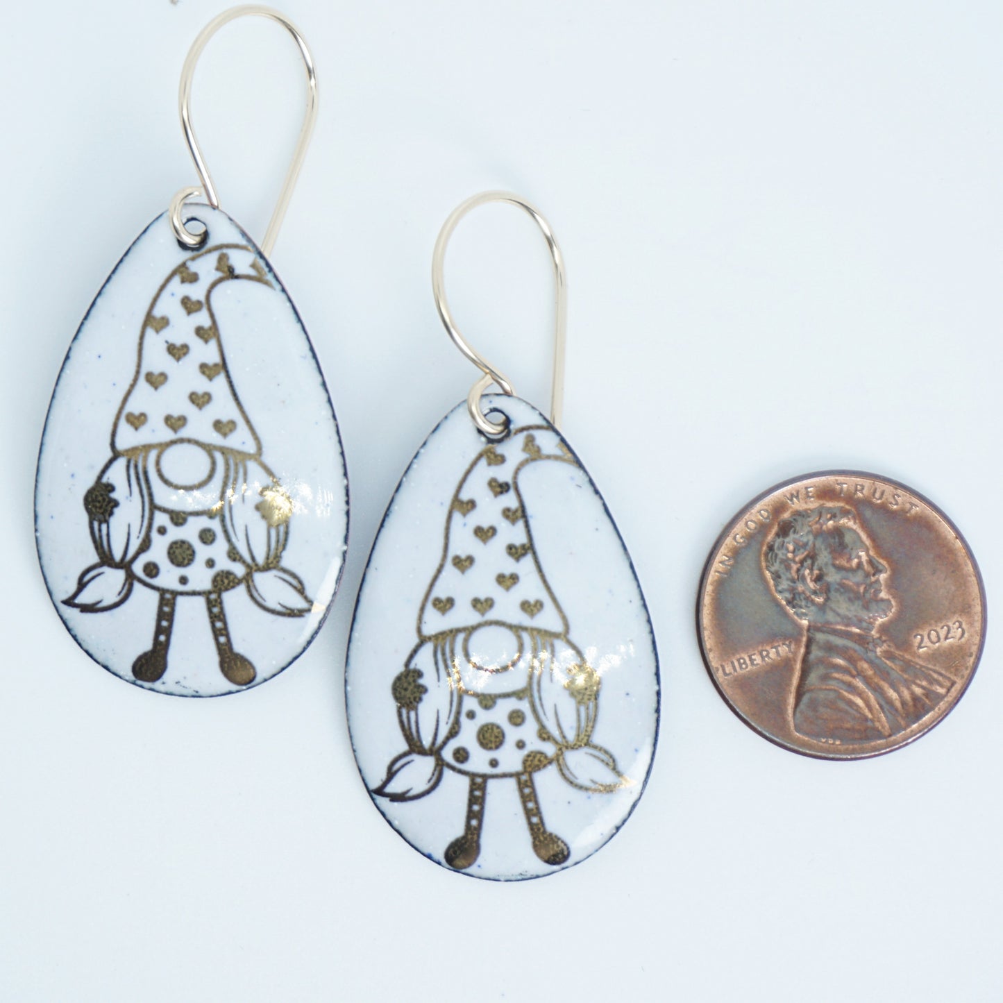 Gold Gnomes on White Enamel Teardrop Earrings