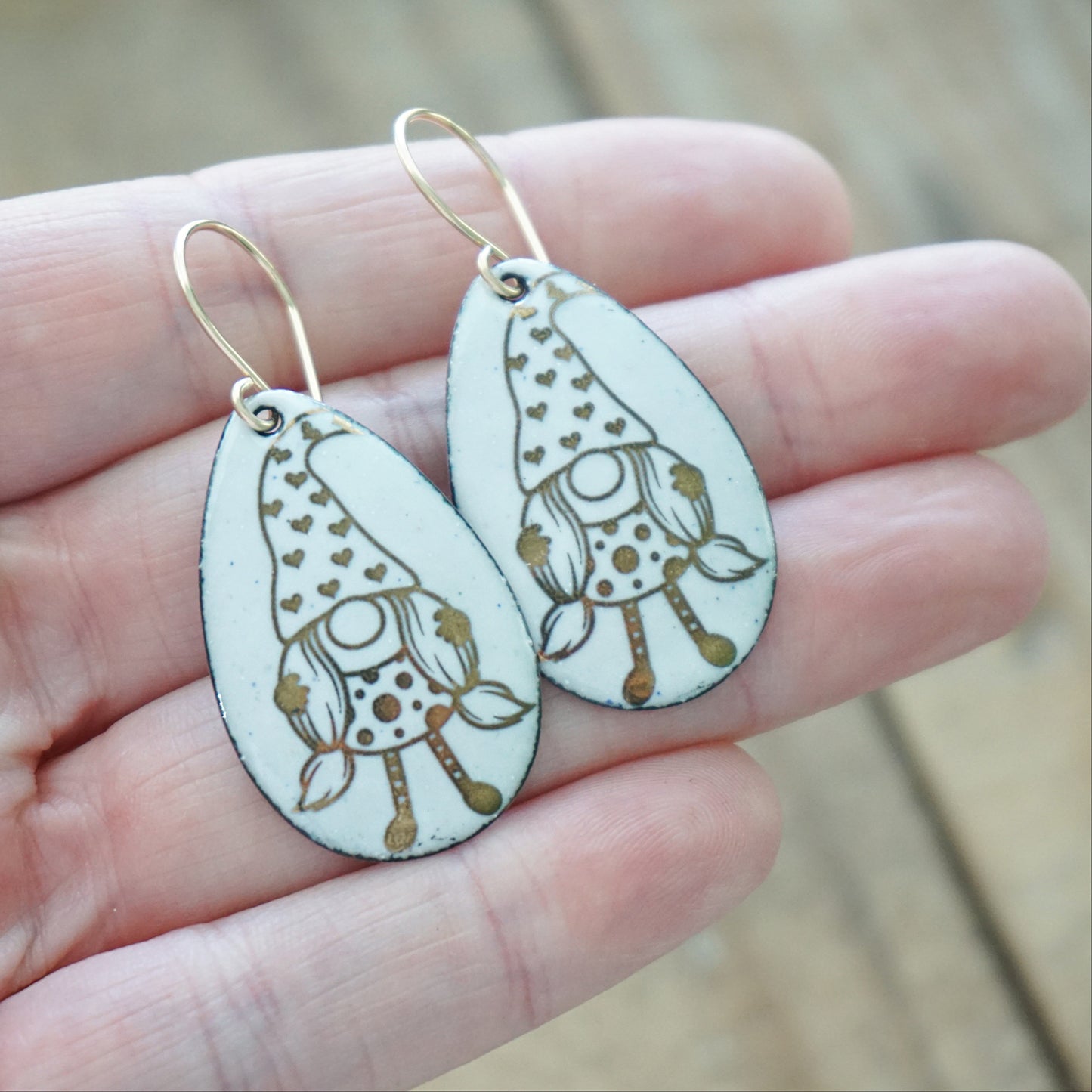 Gold Gnomes on White Enamel Teardrop Earrings