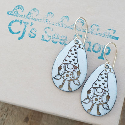 Gold Gnomes on White Enamel Teardrop Earrings