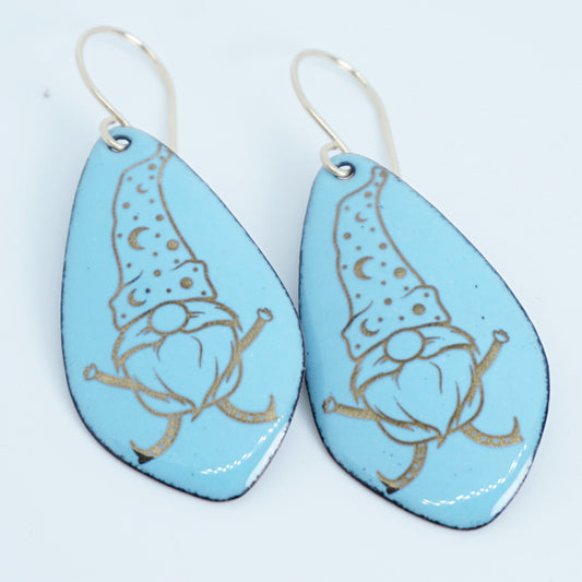 Gold Gnomes on Light Blue Enamel Teardrop Earrings