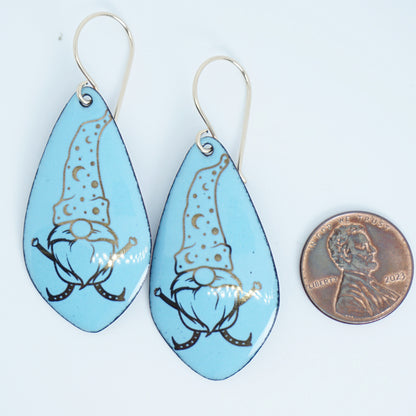 Gold Gnomes on Light Blue Enamel Teardrop Earrings