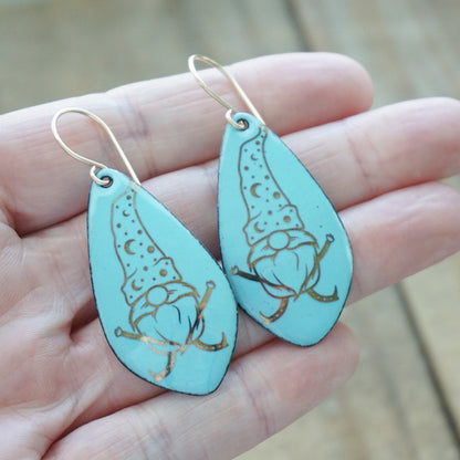 Gold Gnomes on Light Blue Enamel Teardrop Earrings