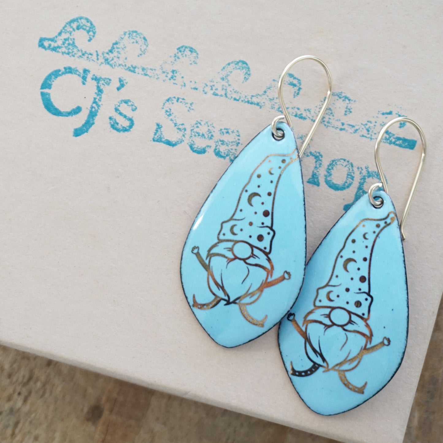 Gold Gnomes on Light Blue Enamel Teardrop Earrings