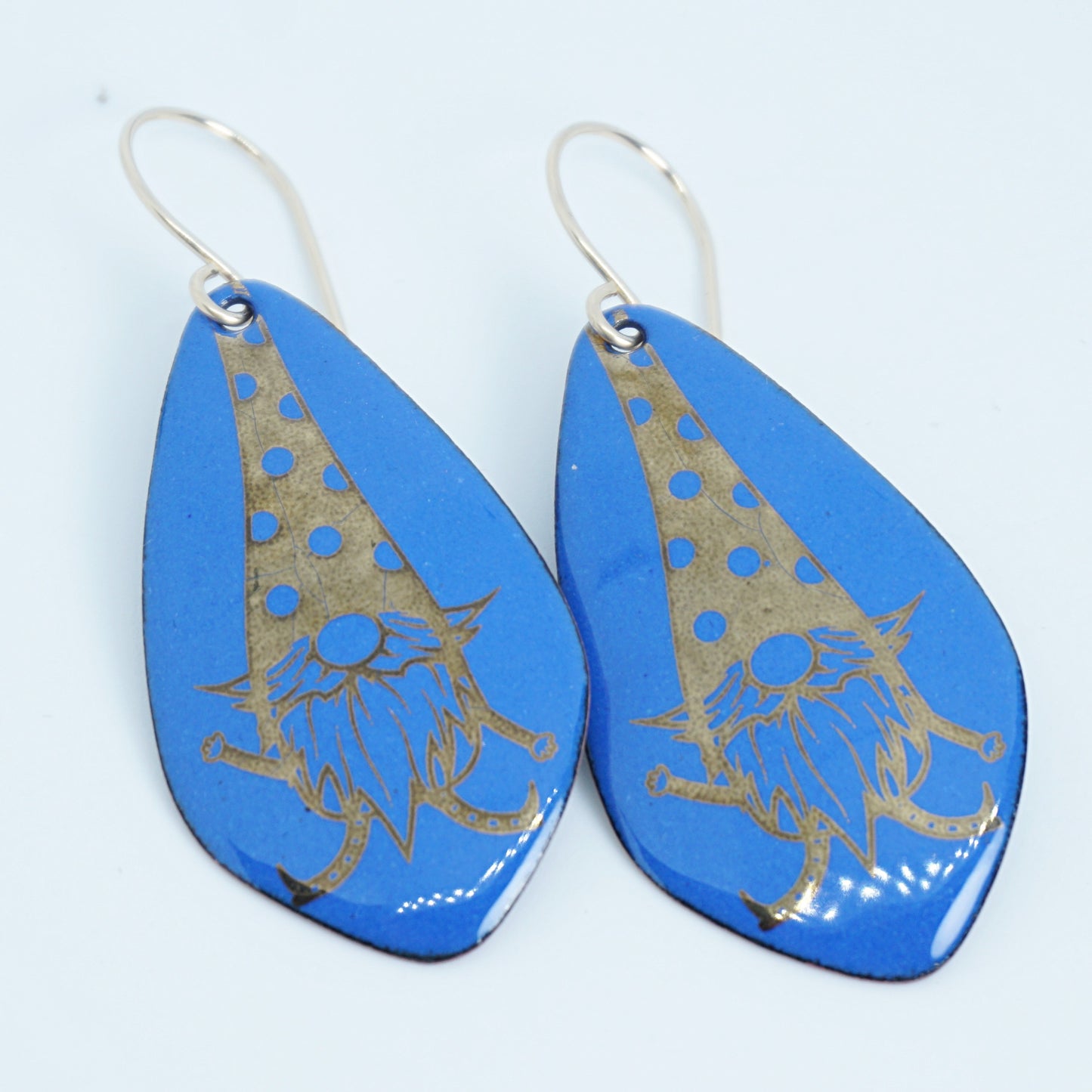 Gold Gnomes on Cobalt Blue Enamel Teardrop Earrings