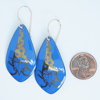 Gold Gnomes on Cobalt Blue Enamel Teardrop Earrings