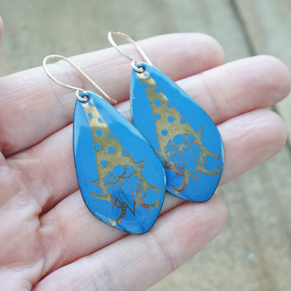 Gold Gnomes on Cobalt Blue Enamel Teardrop Earrings