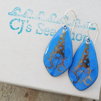 Gold Gnomes on Cobalt Blue Enamel Teardrop Earrings