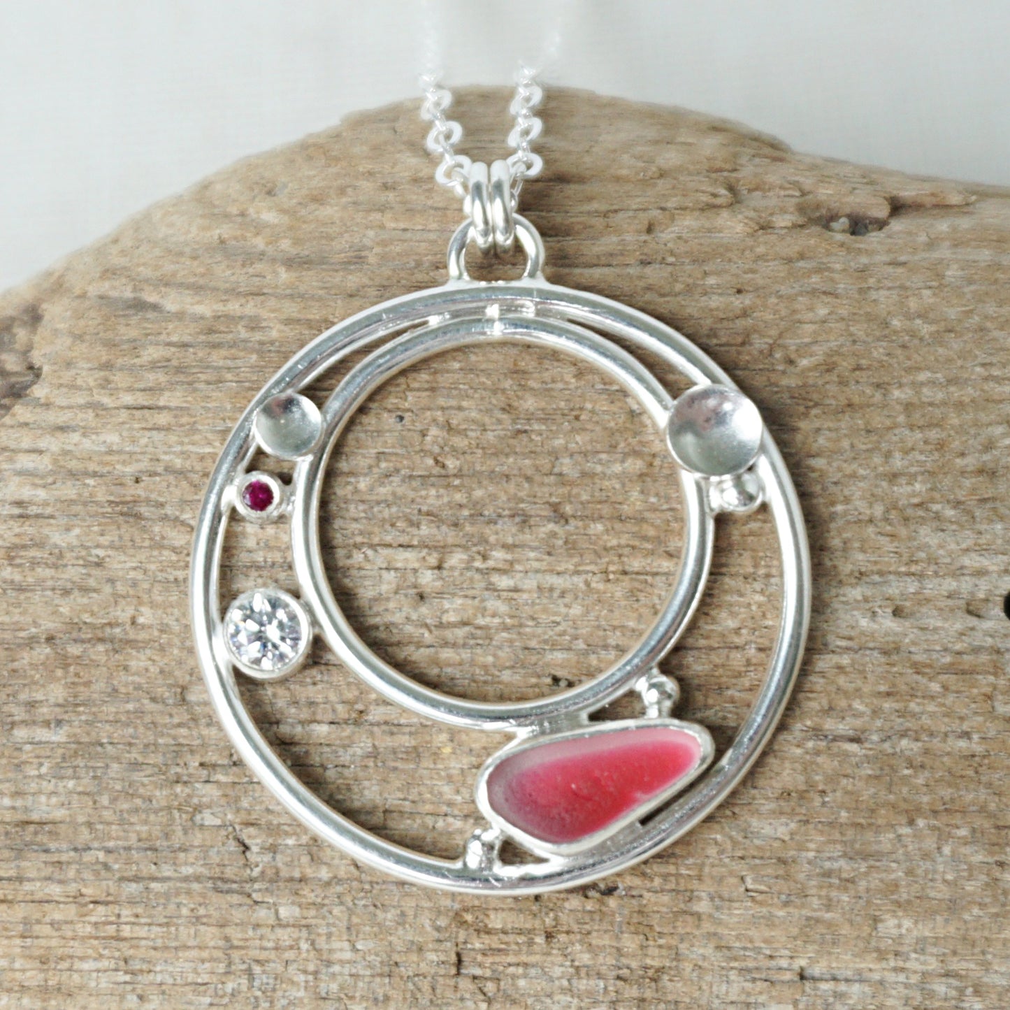 Dark Pink and Clear Multi Sea Glass and Cubic Zirconia Pendant