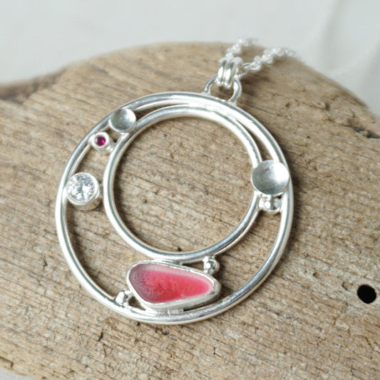 Dark Pink and Clear Multi Sea Glass and Cubic Zirconia Pendant