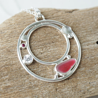 Dark Pink and Clear Multi Sea Glass and Cubic Zirconia Pendant