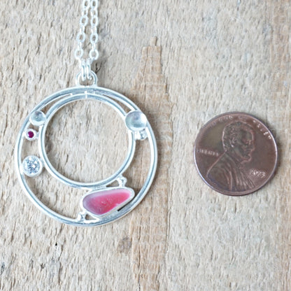 Dark Pink and Clear Multi Sea Glass and Cubic Zirconia Pendant