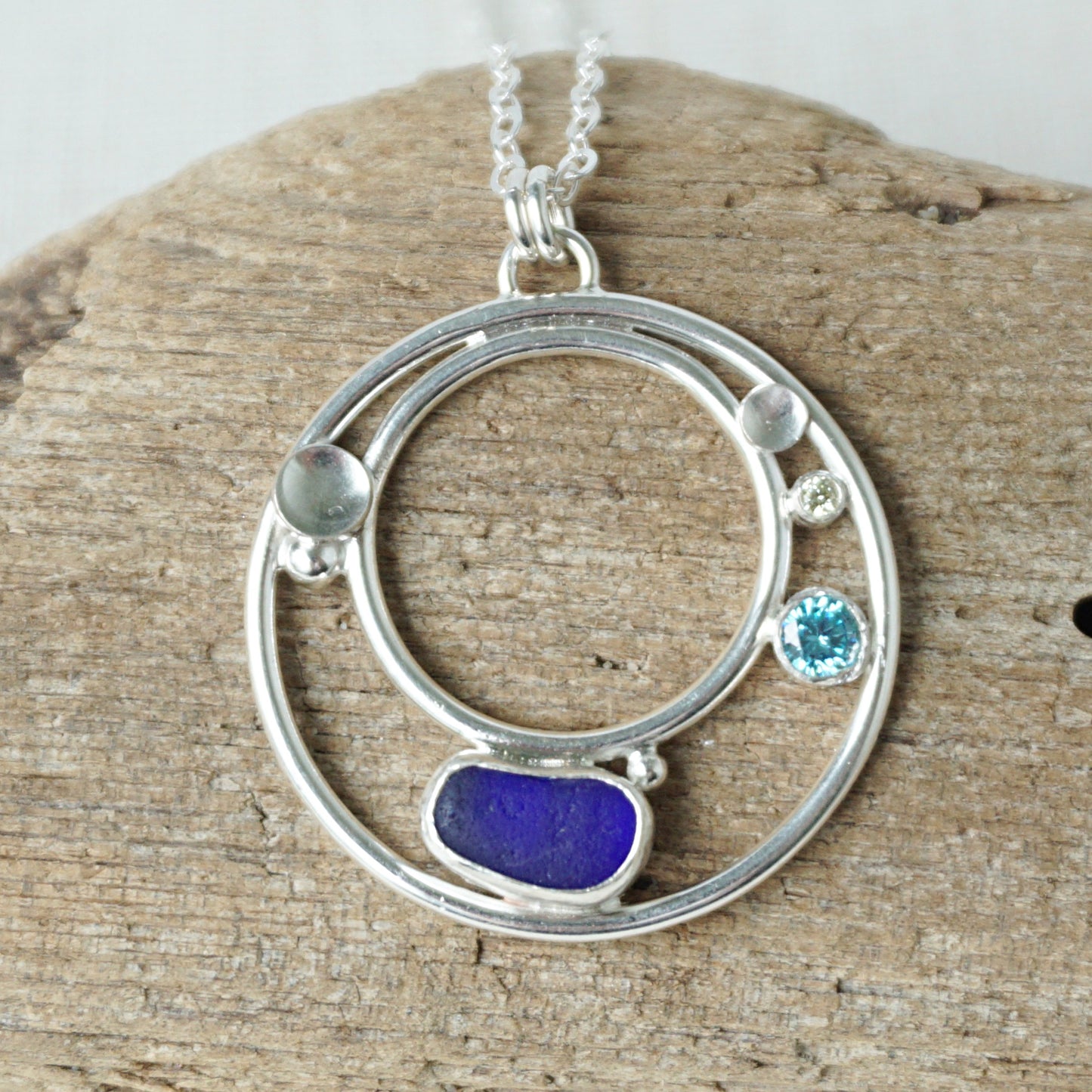 Cobalt Blue Sea Glass and Cubic Zirconia Pendant