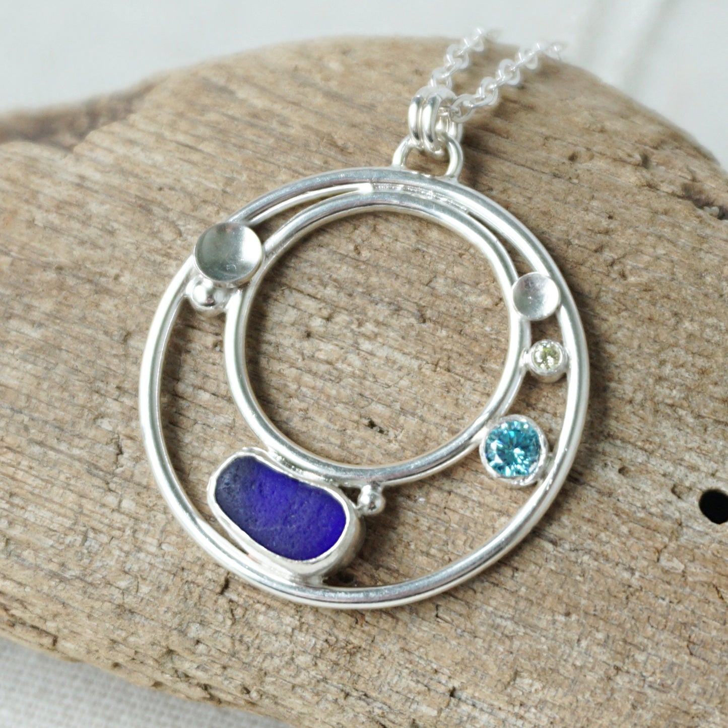 Cobalt Blue Sea Glass and Cubic Zirconia Pendant