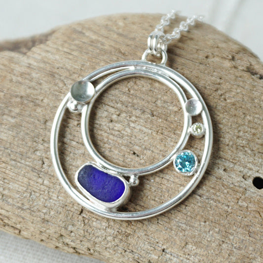 Cobalt Blue Sea Glass and Cubic Zirconia Pendant