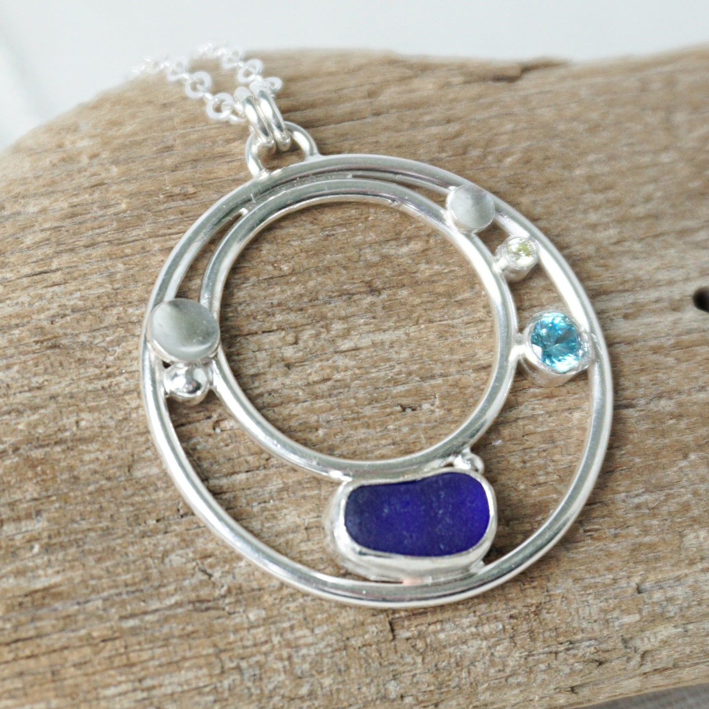 Cobalt Blue Sea Glass and Cubic Zirconia Pendant