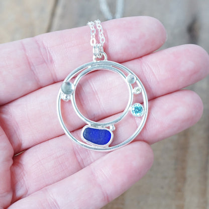 Cobalt Blue Sea Glass and Cubic Zirconia Pendant