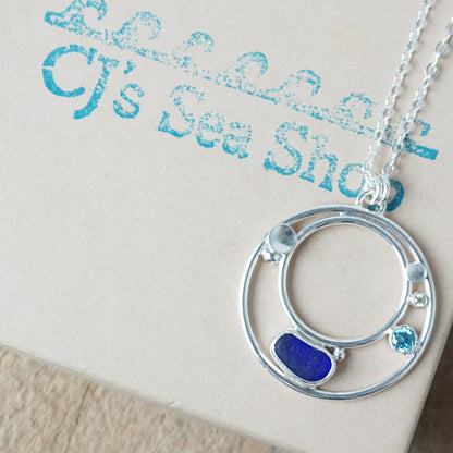 Cobalt Blue Sea Glass and Cubic Zirconia Pendant