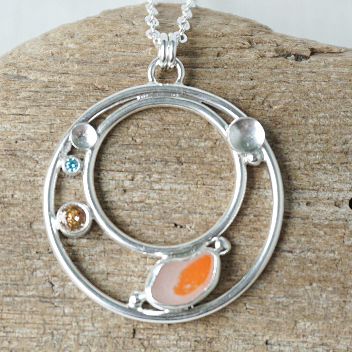 Orange and Clear Multi Sea Glass and Cubic Zirconia Pendant