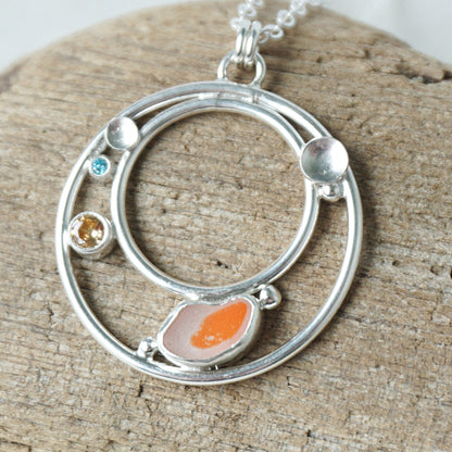 Orange and Clear Multi Sea Glass and Cubic Zirconia Pendant