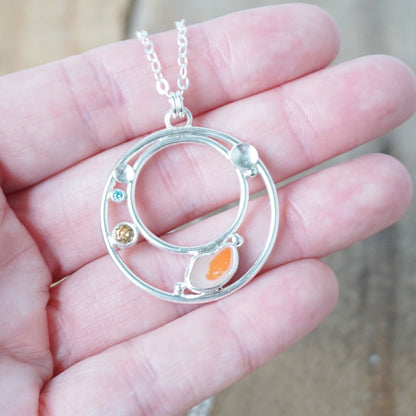 Orange and Clear Multi Sea Glass and Cubic Zirconia Pendant