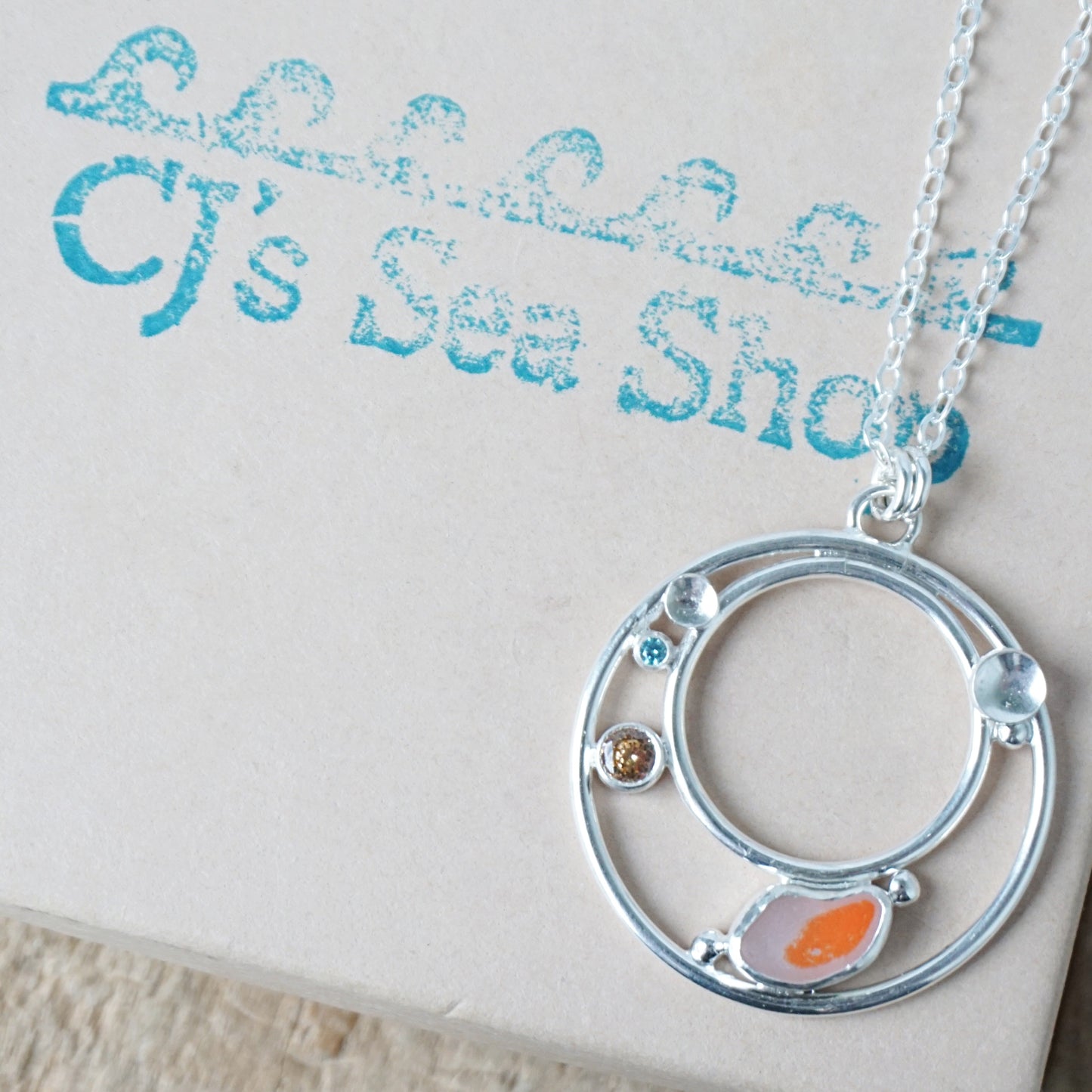 Orange and Clear Multi Sea Glass and Cubic Zirconia Pendant