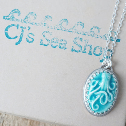 CLEARANCE Teal Green Ceramic Octopus Pendant