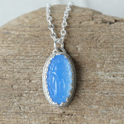 CLEARANCE Blue Pressed Glass Scarab Beetle Pendant