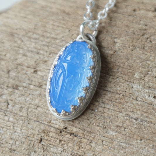 SALE Blue Pressed Glass Scarab Beetle Pendant