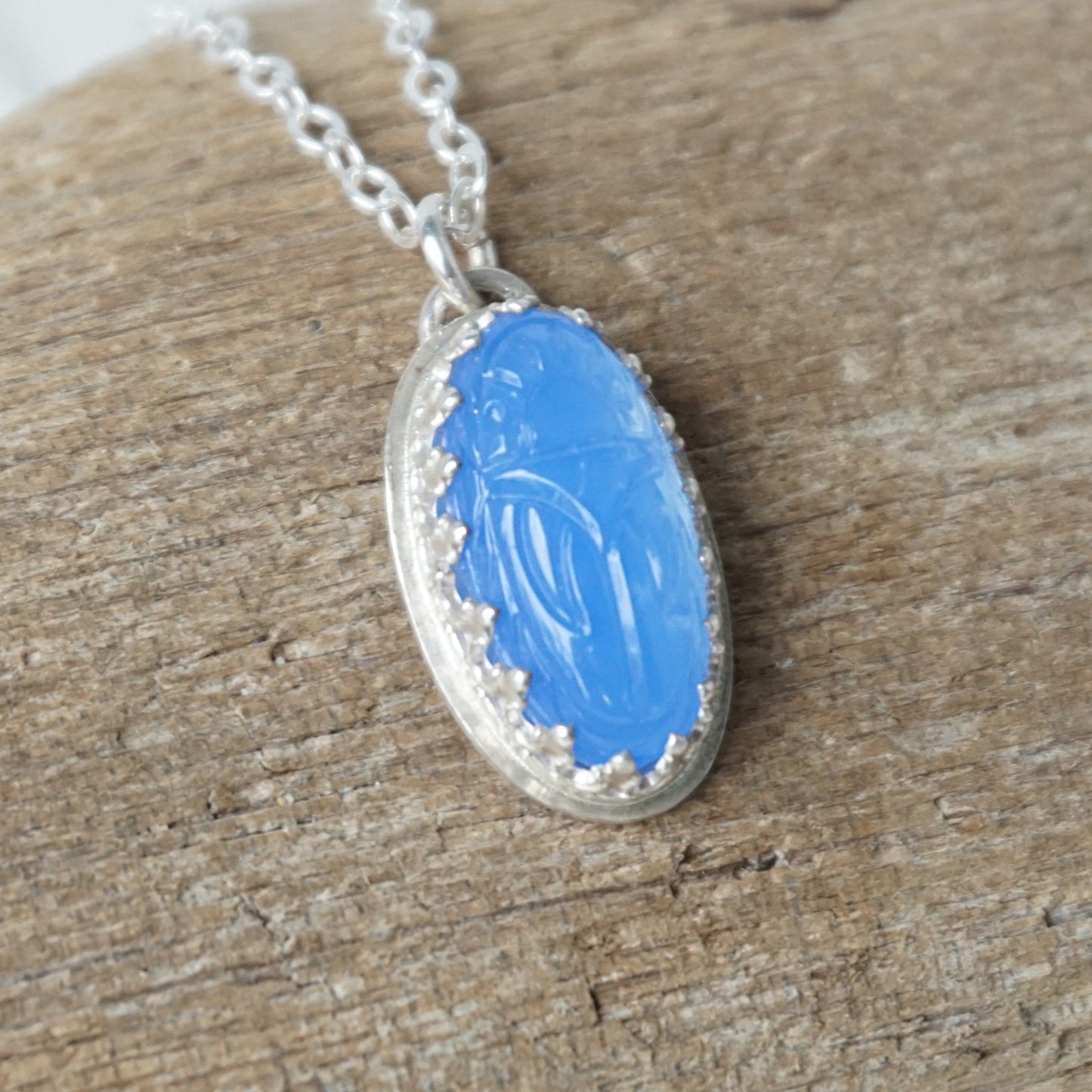 CLEARANCE Blue Pressed Glass Scarab Beetle Pendant