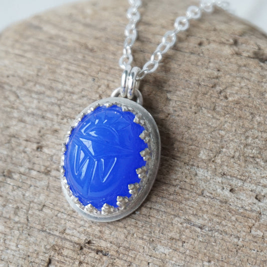 SALE Blue Pressed Glass Scarab Beetle Pendant