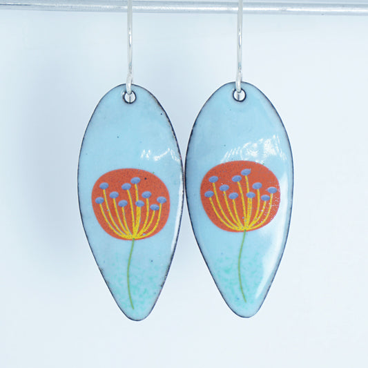 Red Dandelions on Light Blue Enamel Teardrop Earrings