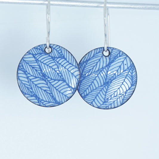 Blue Leaf Accents on Light Blue Enamel Disc Earrings