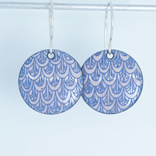 Blue Mermaid Scale Accents on Pink Enamel Disc Earrings