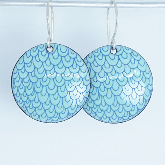 Blue Mermaid Scale Accents on Seafoam Green Enamel Disc Earrings