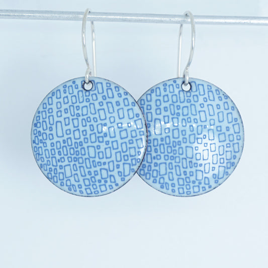 Blue Square Accents on Light Seafoam Green Enamel Disc Earrings