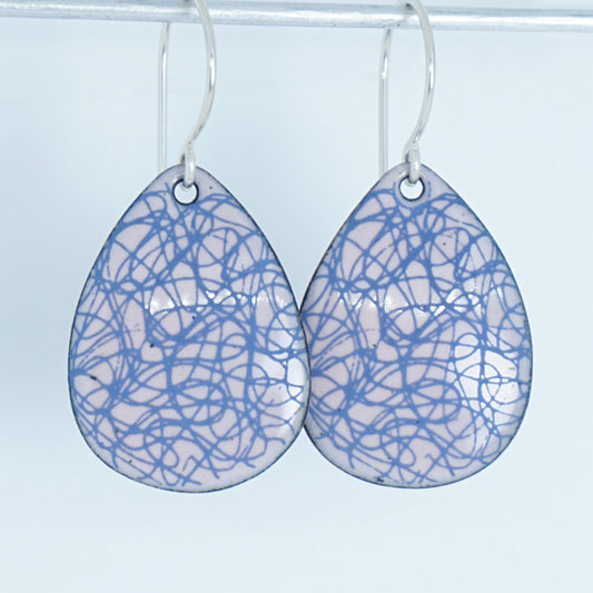 Blue Scribble Line Accents on Pink Enamel Teardrop Earrings