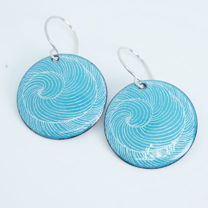 White Swirl Accents on Teal Green Enamel Disc Earrings